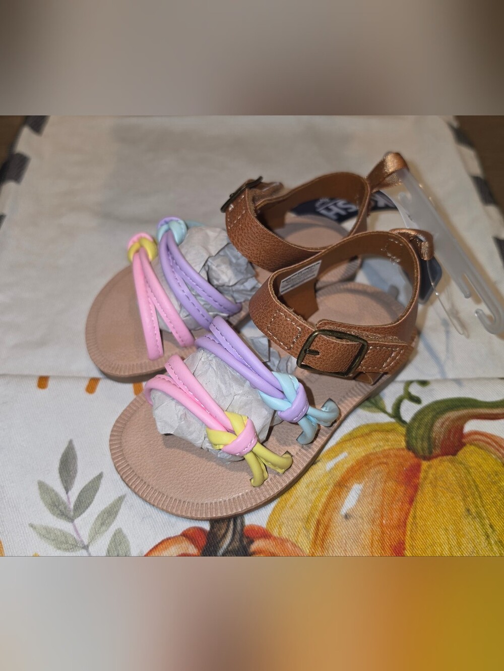 Girls' Brown Sandals with Pastel Multicolor Straps